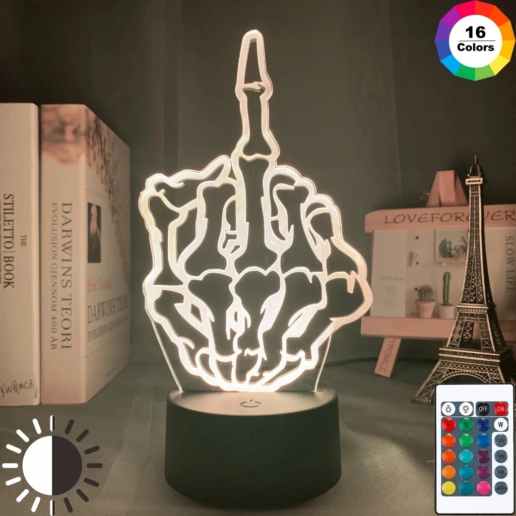 Acrylic 3d Lamp Middle Finger Skull Nightlight for Adult Boys Office Room Decoration Atmosphere Color Changing Led Night Light