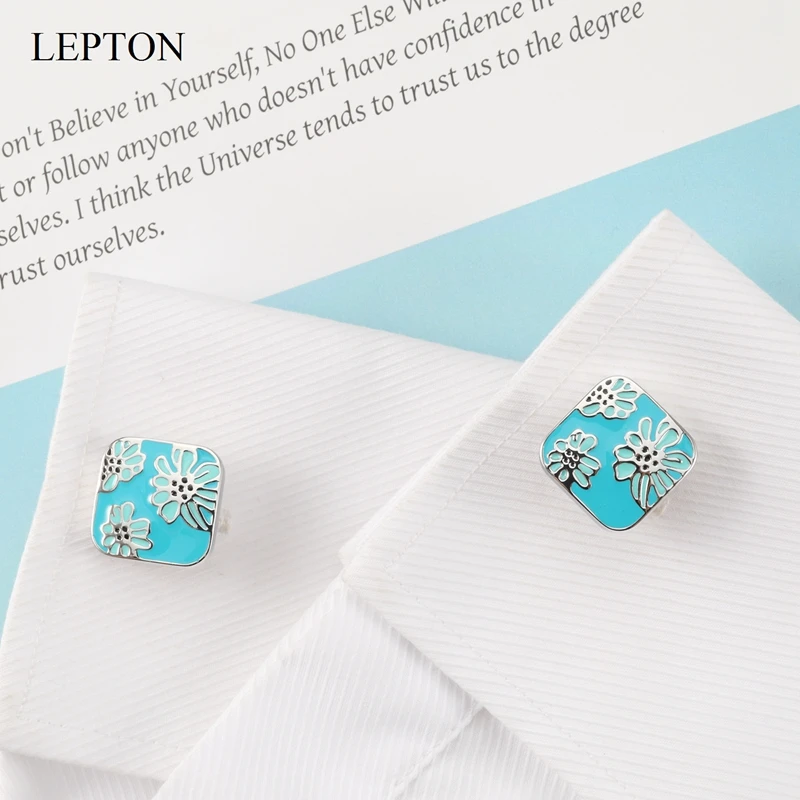 

Newest Flower design Enamel Cuff Links Lepton Brand Square Blue Enamel CuffLinks For Mens Shirt Cuffs Cufflink Relojes gemelos