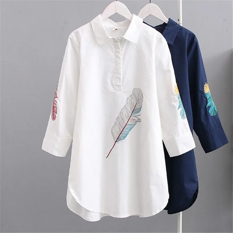 Plus-Size Women's Casual Spring Summer Tops Blouses 2021 New Plus Size Medium Length Feather Embroidered Seven-Point Sleeve