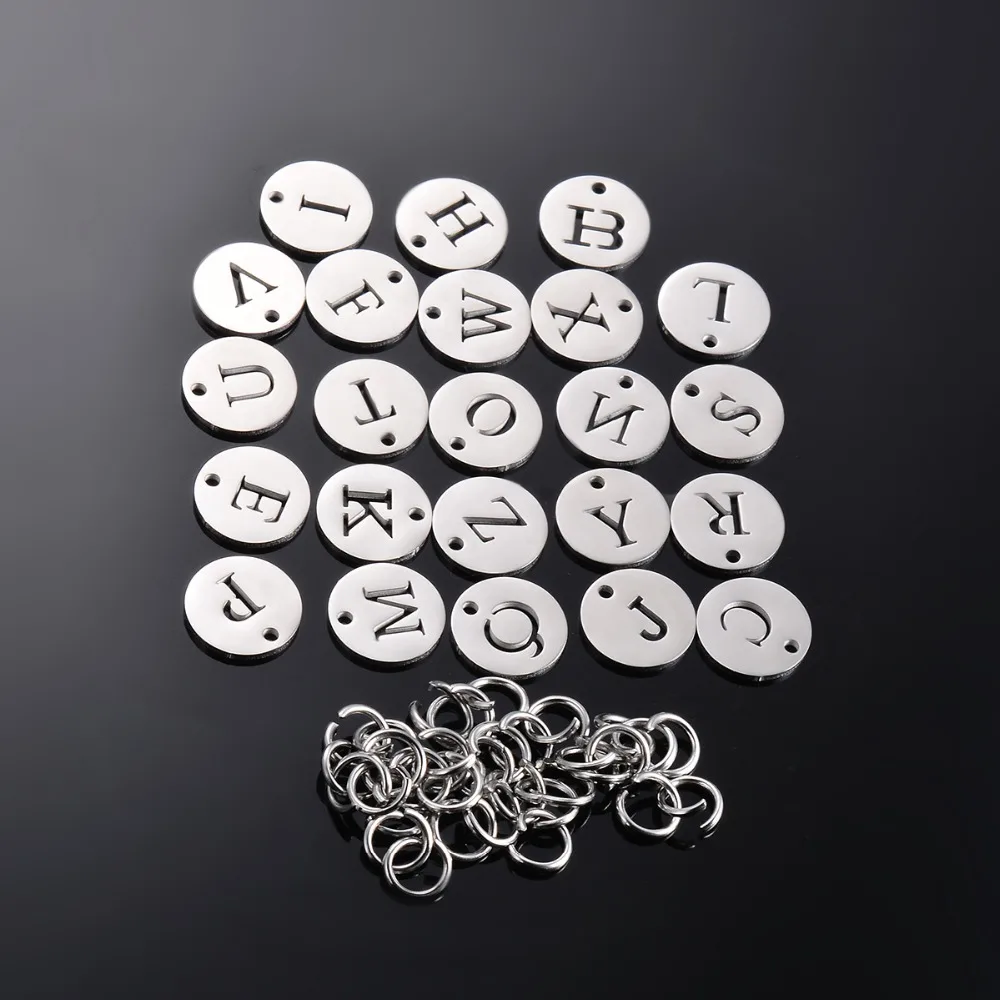 5 Stück/Set 12mm 26 Buchstaben Edelstahl-Anhänger Alphabet-Halskettenanhänger DIY Schmuckherstellung Charms mit Ringen – Detail 4