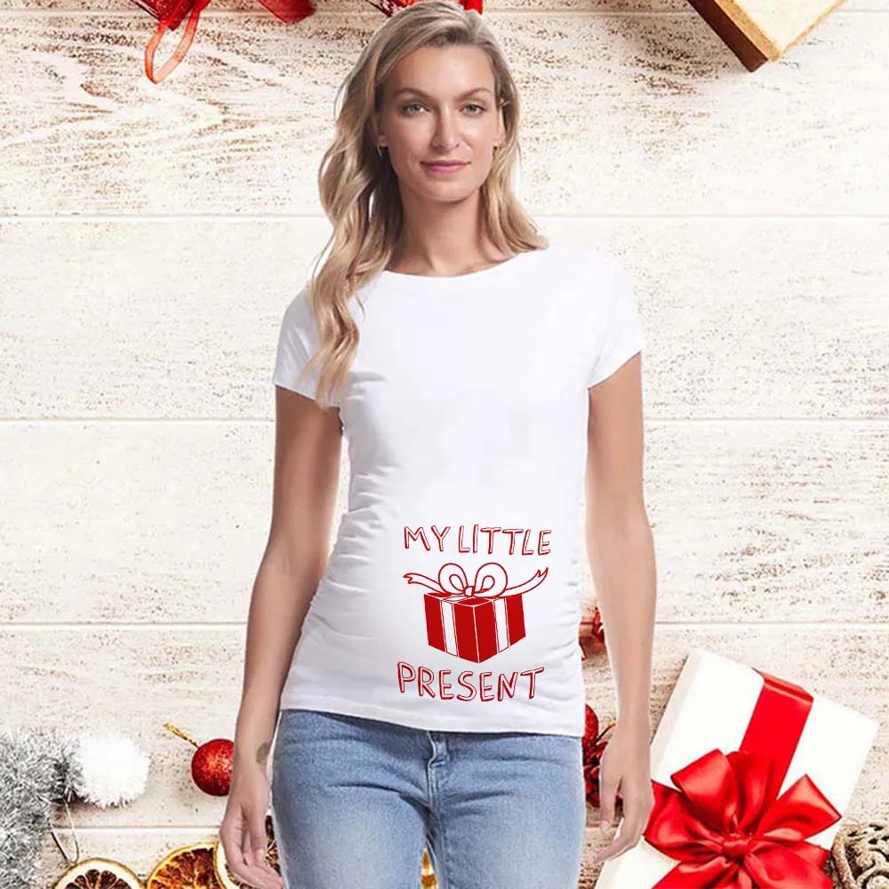 2021 Merry Christmas Maternity T-shirts It\'s My First Christmas Best Gift Funny Print Pregnancy Anouncement Tops Tee Shirts