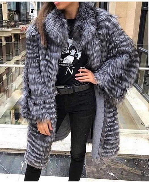 Women's Striped Real Silver Fox Fur Coat, Long Cardigen with Wool Lining, Big Size Clothes, Elegant Outwear, Spring, Lux18A09164