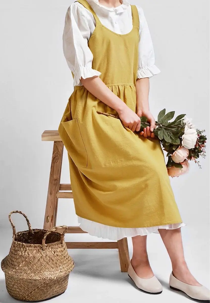 Women Cross Back Apron Japanese Housework Baking Wrap Cotton Linen Florist Dress Literary Art Cotton And Linen Advertising Apron