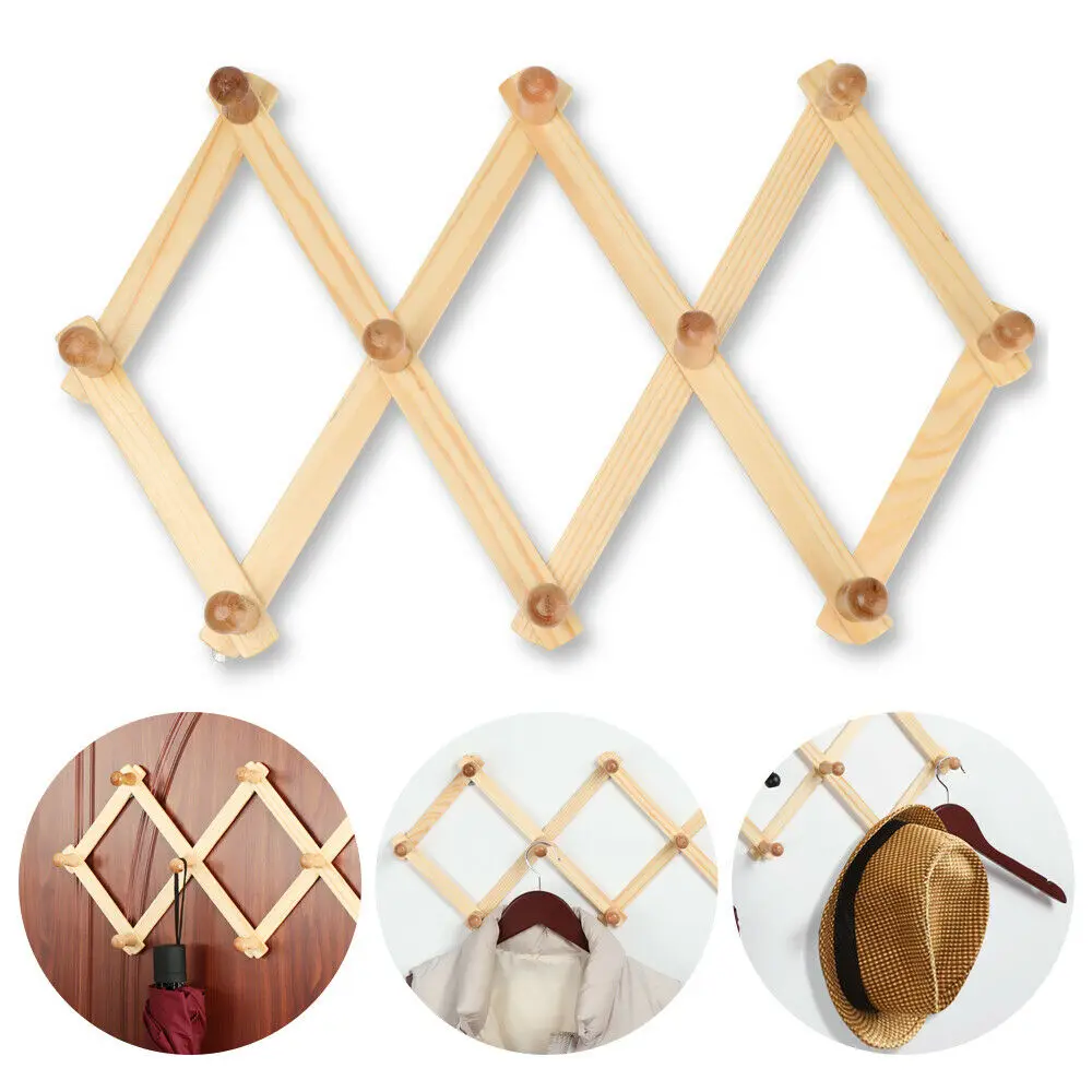 

Natural Wooden Wall Mounted Expandable Accordion Peg Coat Rack Hanger Hat Closet Hook Expanding Fold Door Wooden Hanger 10 Hooks