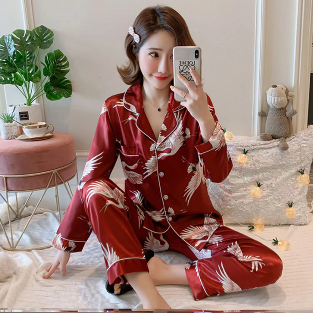 M-5XL Women's Clothing Set Long Sleeve Silk Women Pajamas Set Autumn Satin Sleepwear Set Casual Homewear 3XL 4XL