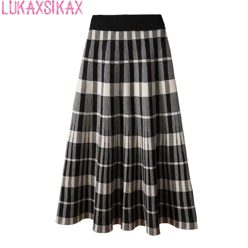 

LUKAXSIKAX New Autumn Winter Women High Waist Slim Long Skirt High Quality Retro Color-blocked Plaids Knitted Skirt