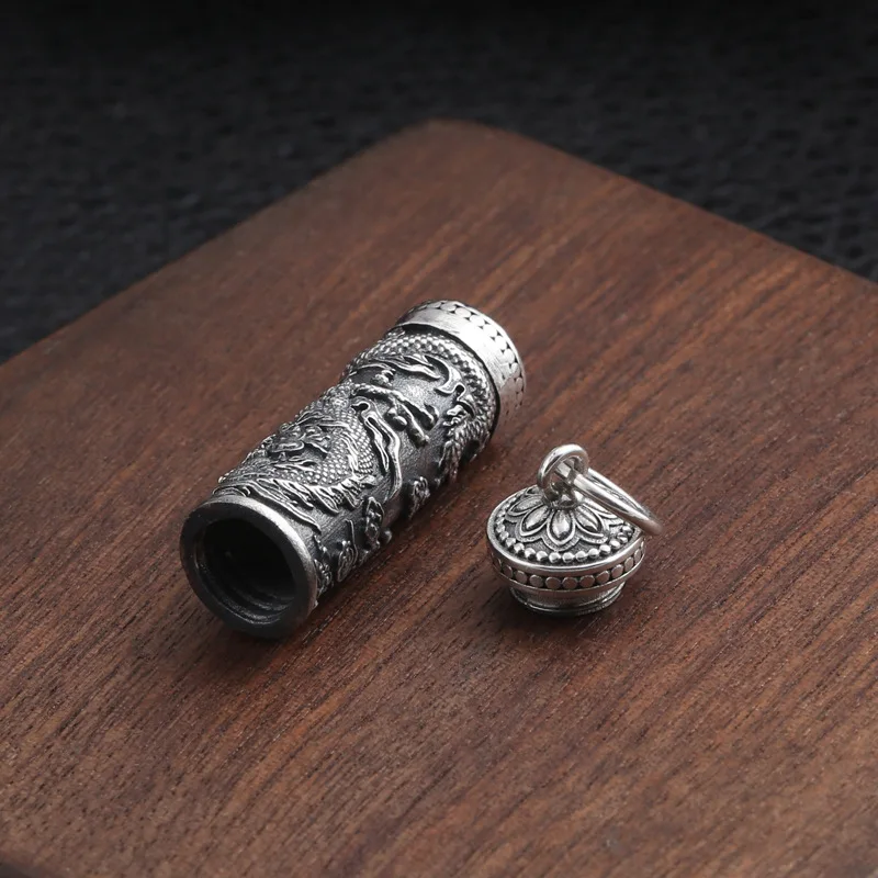 S925 Sterling Silver Vintage Thai Silver Ancient Tube Jewelry Engrave Dragon Design Men Memorial Pendant Holder Ash Urn Necklace