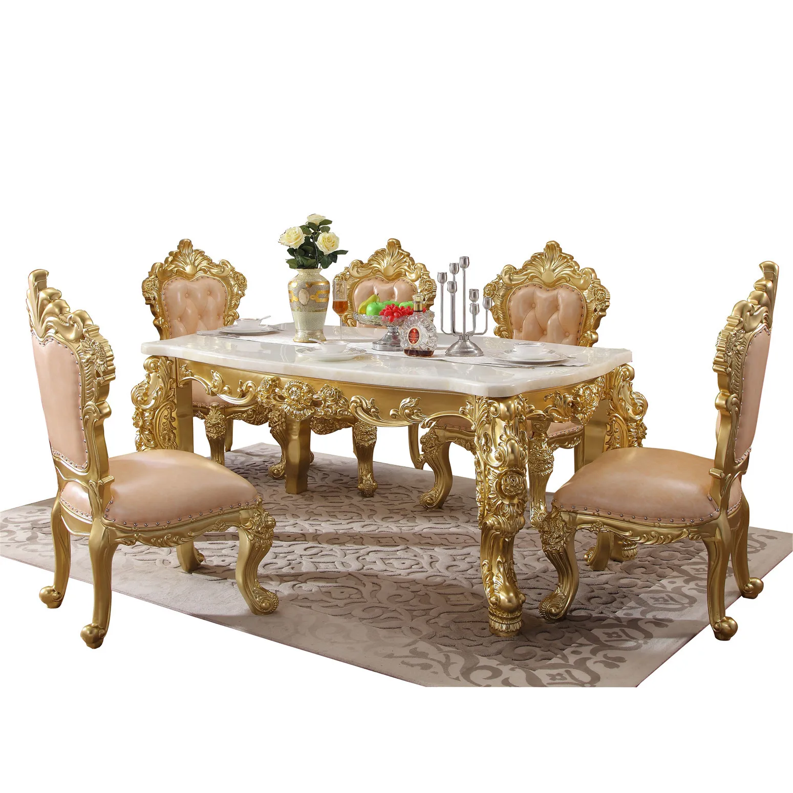 Modern Style Italian Dining Table, 100% Solid Wood Italy Style Luxury marble Dining Table Set gold color European 21052