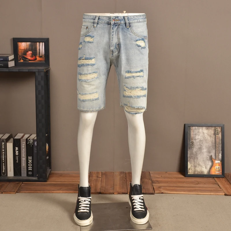 Summer Men Vintage Denim Shorts Distressed Jeans Streetwear Retro Short Jean
