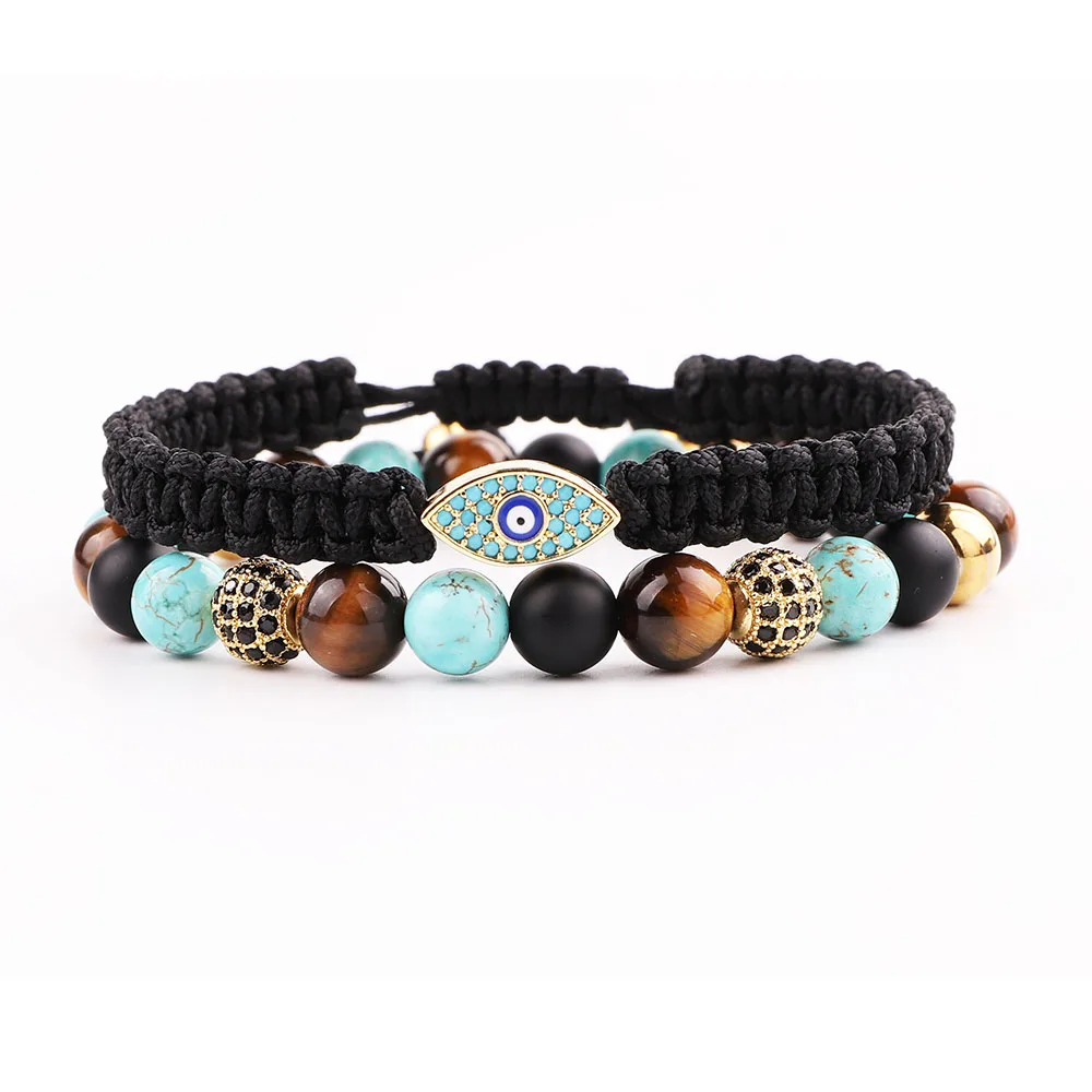 

High Quality New Design CZ Pave Eye Charm Natural Stone Bracelet Set For Men Jewelry Gift