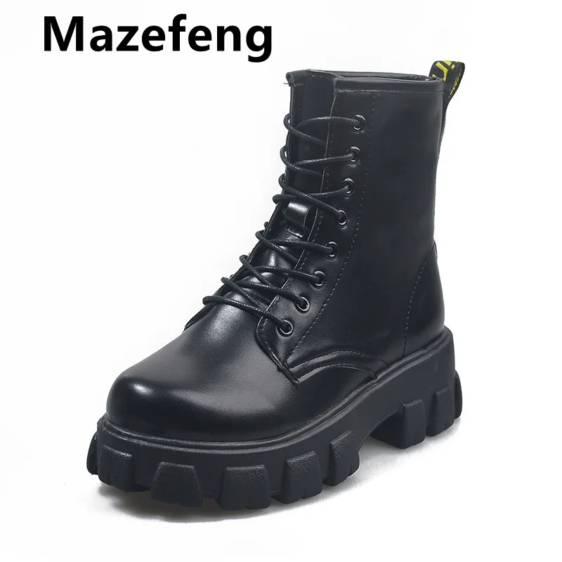 Mazefeng Punk Style Platform Women Ankle Boots Women's Motorcycle Boot Fashion Ladies Chunky Shoes Metal Black BIG Size 35--40