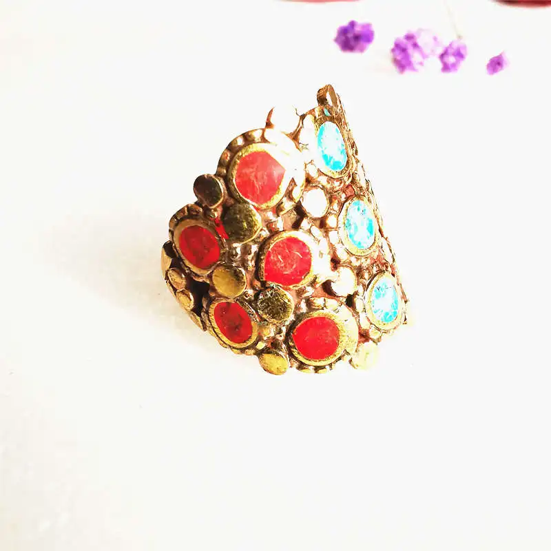 Nepal Vintage Jewelry Brass Inlay Colorful Stone Golden Finger Ring for Lady R028