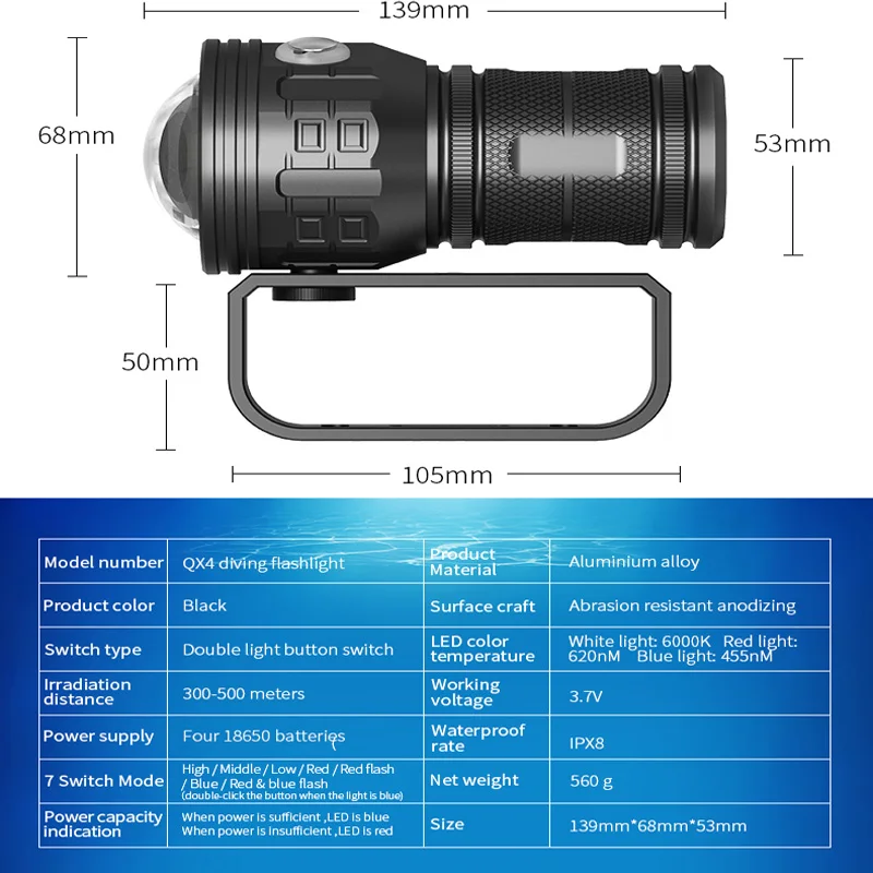 Profession Diving LED Flashlight IPX-8 Level 12800Mah Underwater Photography Fill Light Maximum Diving Depth of 2-500 Meters