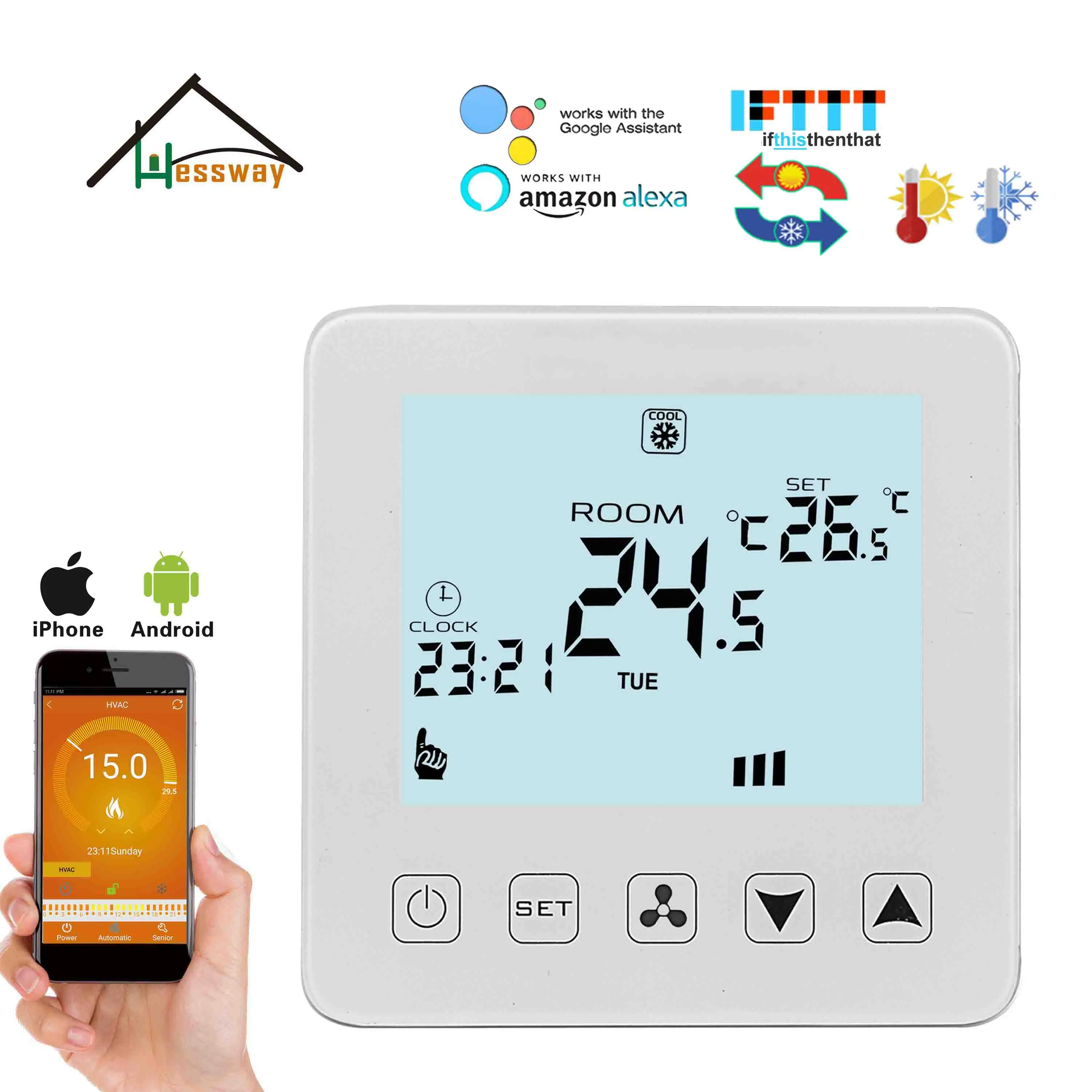 Hessway 4 p & 2 p 냉각 가열 온도 팬 코일 app 시스템 용 wifi 온도 조절기 ios 및 android