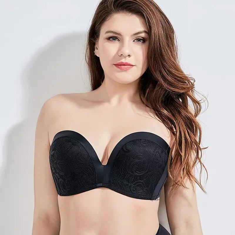 

Plus Size Strapless Bra Sexy Seamless Invisible Push Up Lace Bra Wireless Non-slip Gathered Big Cup Bracier De Mujer 90 95 E F