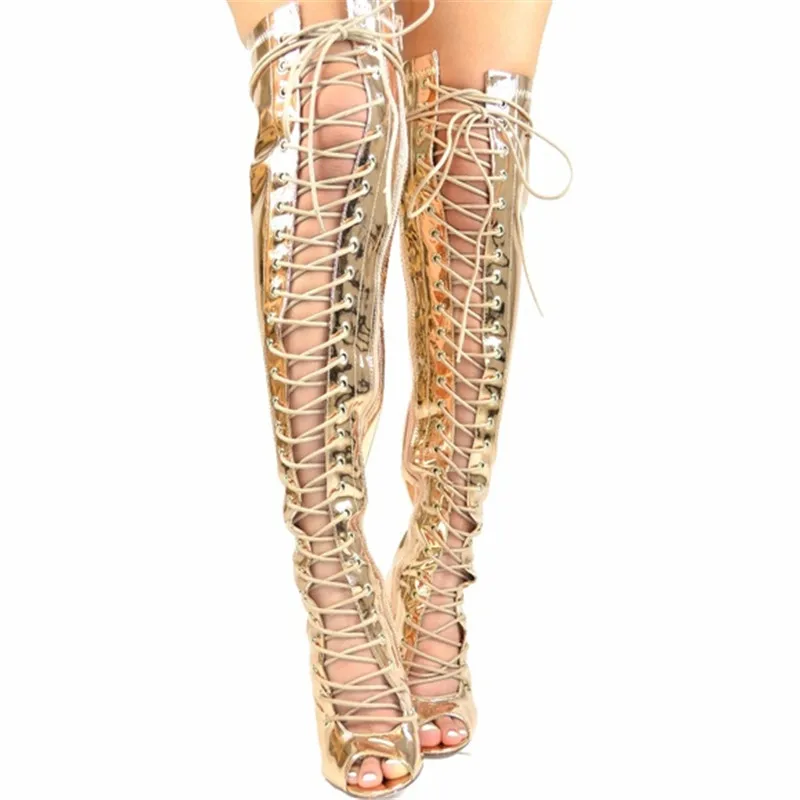 Fashion Gold Lace Up Over The Knee Boots Ladies High Heels Open Toe Strip Shoes Summer Cutouts Gladiator Long Sandals Booties