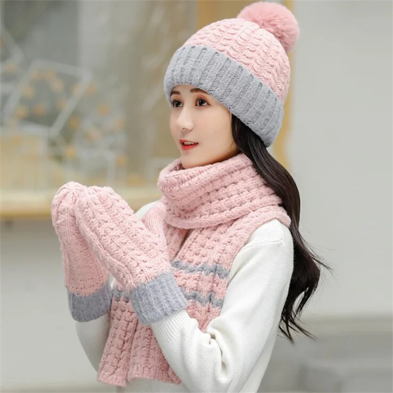 Fashion Women\'s Hat Scarf /Gloves Sets Autumn-Winter Female Thickening Three - Piece Knitted Caps Lady Warm Beanies Hat