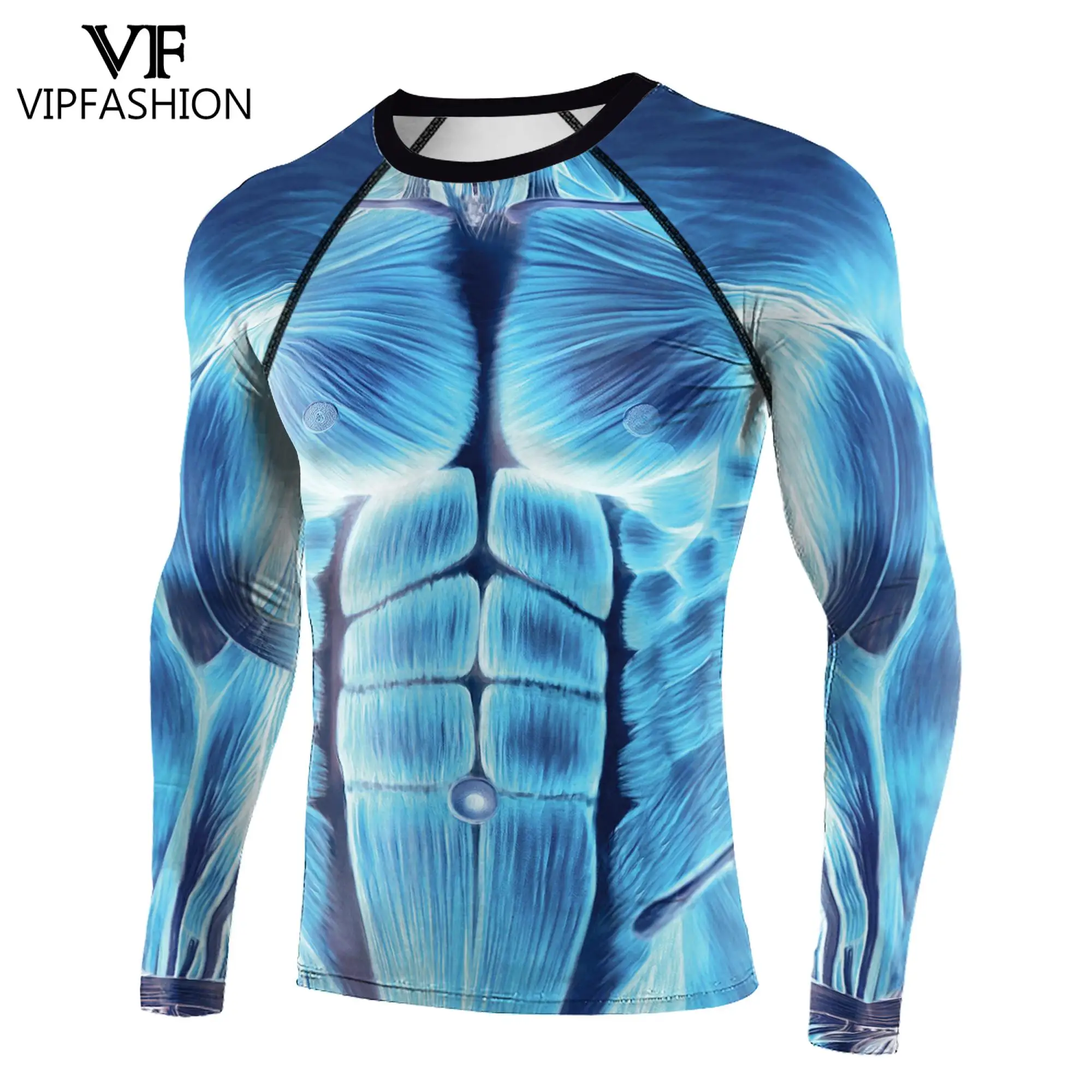 VIP FASHION-Camiseta deportiva de manga larga con cuello redondo para hombre, Camisa ajustada de entrenamiento con estampado 3D, informal, a la moda