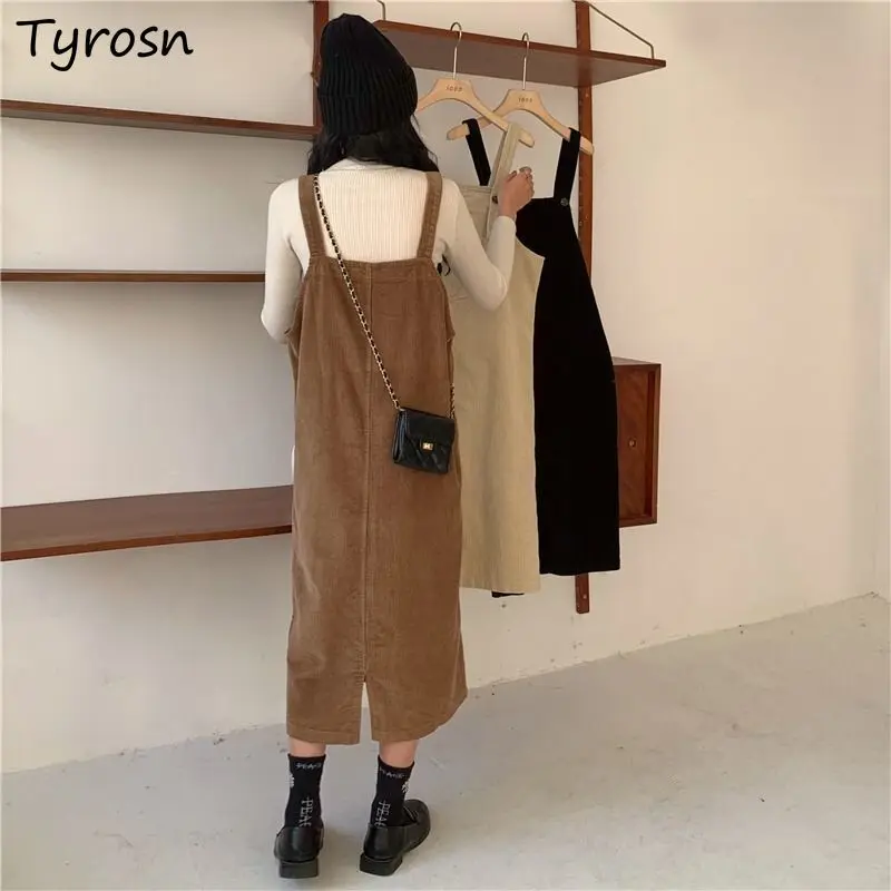 

Corduroy Sleeveless Dress Women Retro Elegant Korean Fashion Design Back-slit Midi Suspenders Dresses Students Autumn Winter New