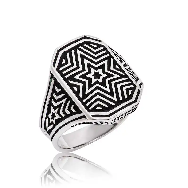 Silver Star Pattern Men's Ring - 925 Sterling Men's Jewelry Wedding Birthday Gift - Box - - Men - Fashion - Botiva - Size - Turkish - Patterned Embroidery