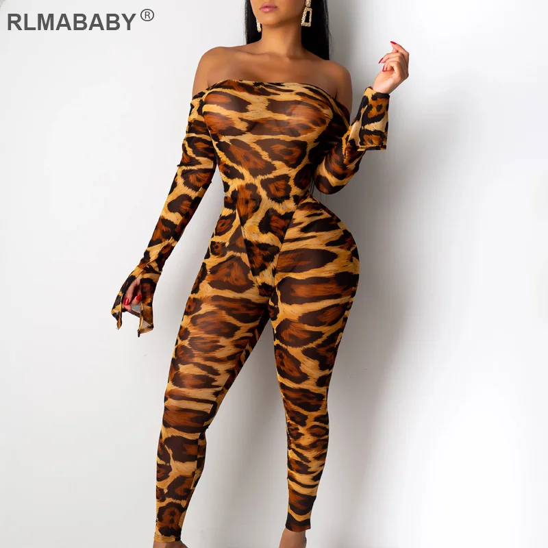 

RLMABABY Off Shoulder Flare Sleeve Leopard 2 Piece Set Women Bodysuit And Pants Suit Night Club Sexy Set Dollars Casual Outfits