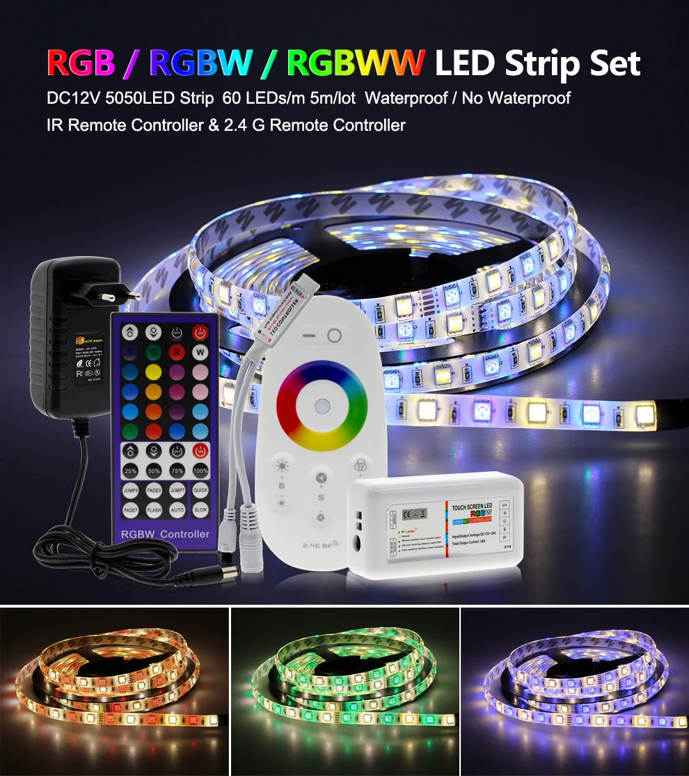 5M-20M SMD2835 5050 LED Strip DC12V RGB / RGBW / RGBWW Flexible Light Tape RGB Color LED Strip Set +Remote Control+Power Adapter