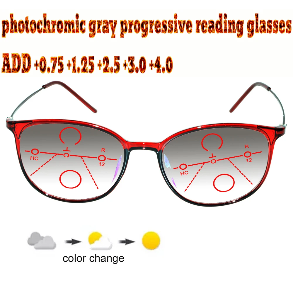 

Photochromic Gray Progressive Multifocal Reading Glasses Ladies Woem Ultralight Red Frame+1.0 +1.5 +1.75 +2.0 +2.5 +3 +3.5 +4