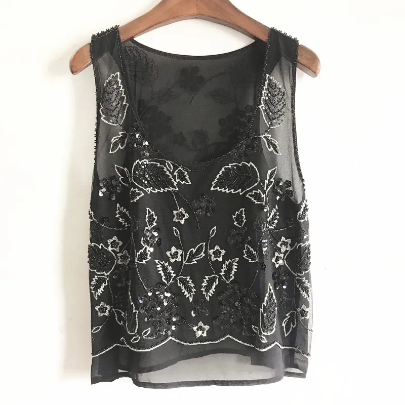 Women Floral Beaded Loose Vest Sleeveless Shirt Summer U-Neck Flowers Embroidered Sequined Chiffon Blouses Shiny Gauze Tank Tops