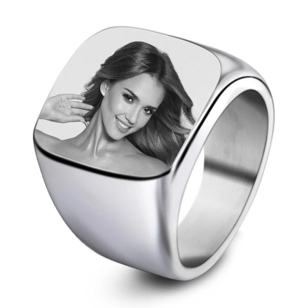 Anillo de acero inoxidable con grabado láser para hombre, personalizado, nombre, foto, cuadrado, banda de boda, regalo de aniversario, SL-105