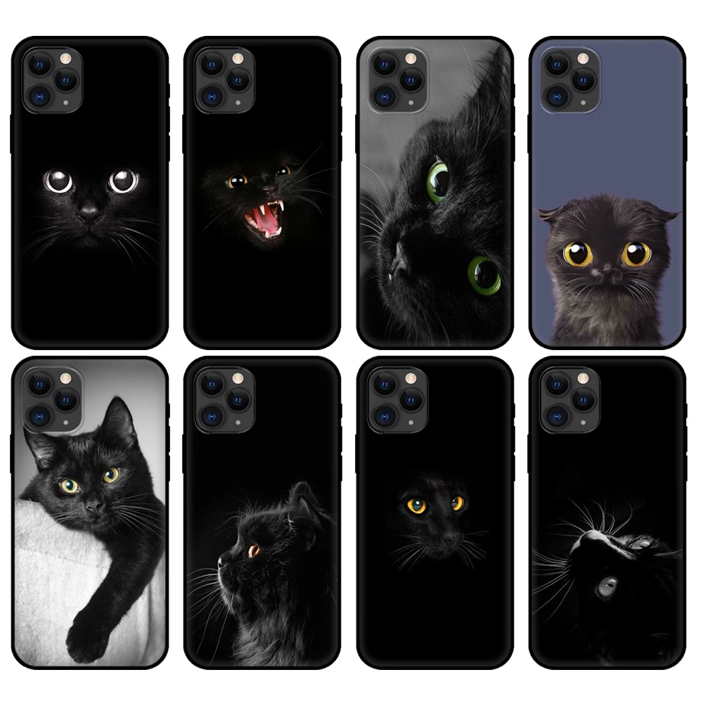 Black tpu case for iphone 5 5s se 6 6s 7 8 plus x 10 XR XS 11 12 13 mini pro MAX case silicone cover Black Cat Staring Eye On