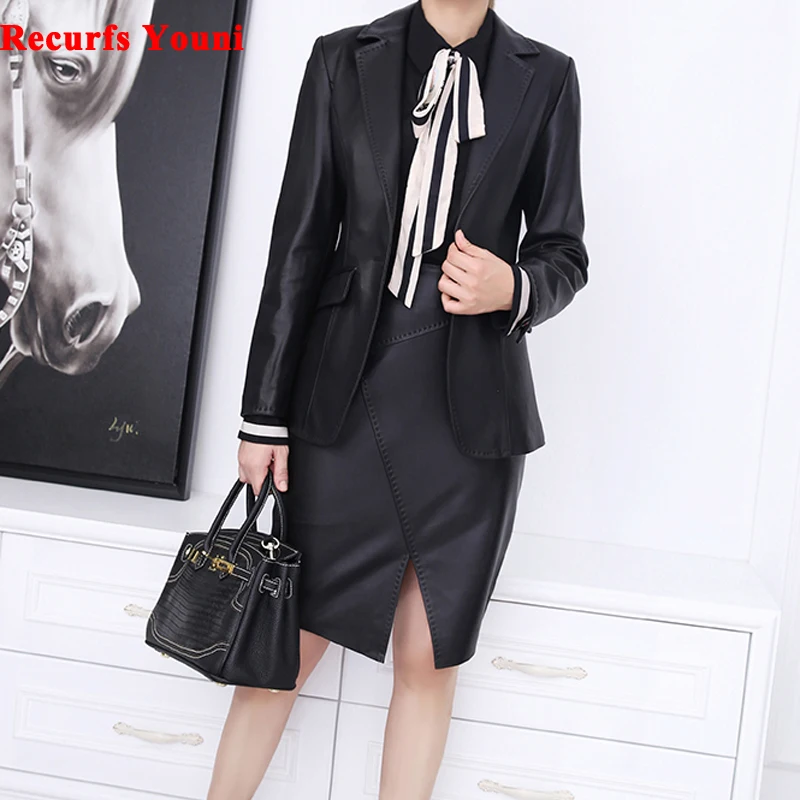 2 Piece Set Women Genuine Leather Jacket Winter Great Quality Office Suits Midi Long Split Skirt Mujer Ropa Blazer & Skirts Set