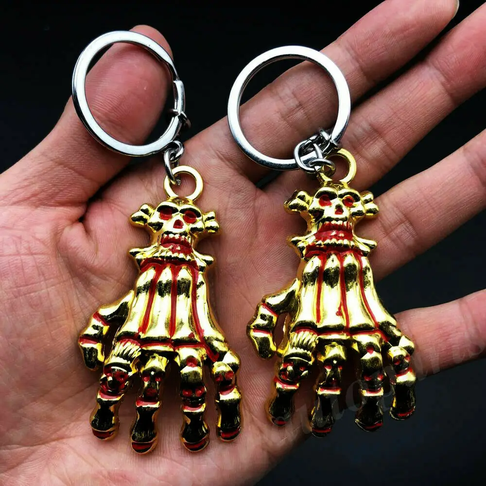 2pcs Metal Golden Skull Evil Head Hand  Keyring Keychain Key Chain Ring