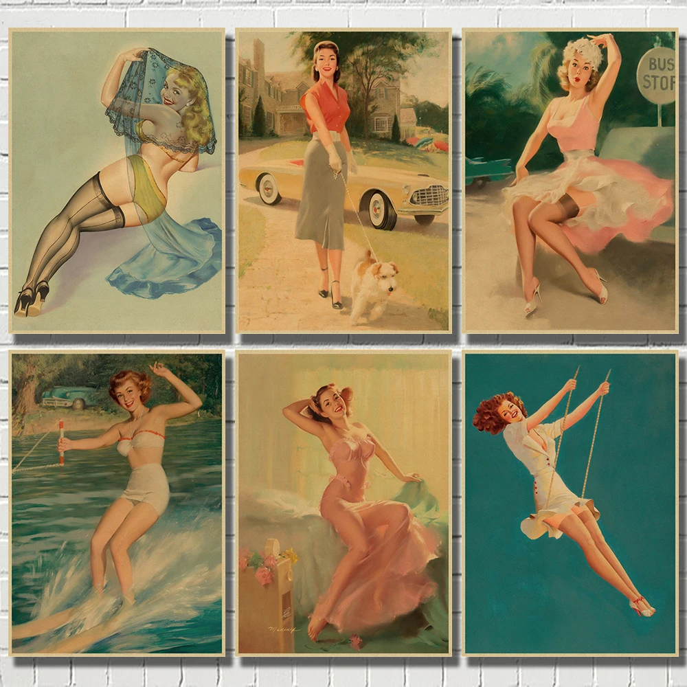 Pinup Girls Series 8 World War II Vintage Kraft Paper Classic Poster Bar Cafe Living Room Dining Wall Decorative Paintings