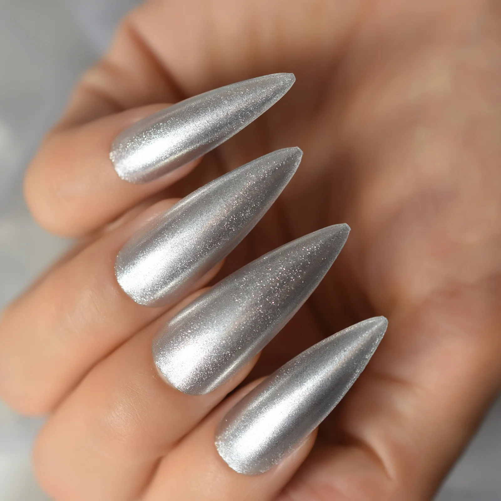 Polvo de plata brillante, punta afilada, Stiletto superlargo, Uñas postizas, calcomanías para salón de belleza, puntas artificiales