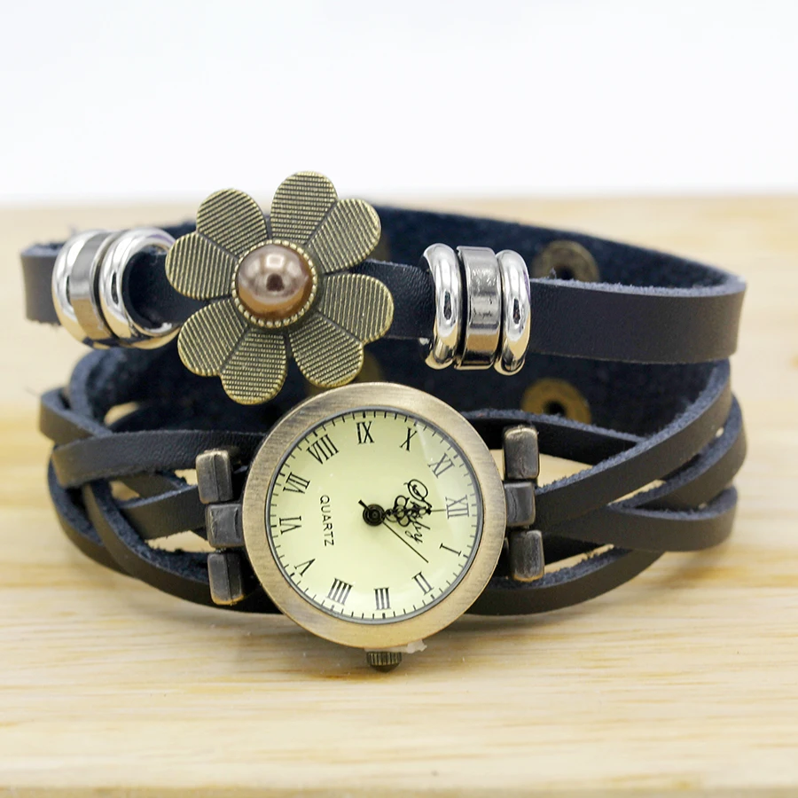 Shsby-relojes de correa de cuero Vintage para mujer, pulsera de perlas, sol, flor, reloj de vestir para mujer, reloj de pulsera marrón, nuevo