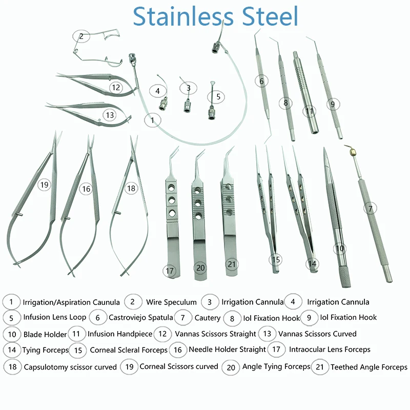 Imagem -03 - Cataracl e Cirurgia de Implante de Lente Intra-ocular Ferramentas Kit com Caixa Micro Pinças Tesouras Oftálmica Instrumentos 21 Peças Set