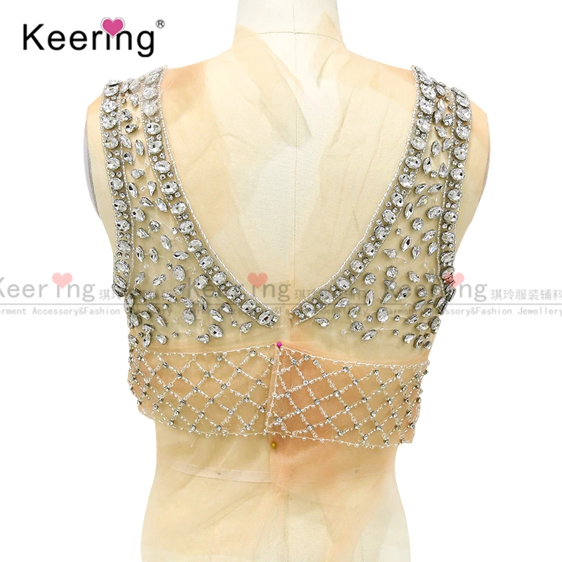 Deep V Rhinestone Applique for Evening Dress Panel, Sexy Silver, Big Rhinestone Fabric Body, WDP-263