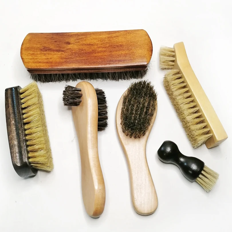 6 Pcs Set Natural Horsehair Pig Bristle Shoe Brush Wood Handle Oil Polish Tool Scrub Suede Fur Clear Dust Polishing Leather Care