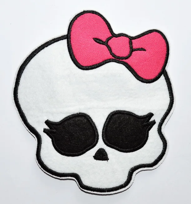 1x Skull Girl Pink butterfly tie Embroidered Iron On Applique Patch (≈ 11.5 * 12.7 cm)