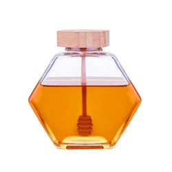 X60 Honey Pot 220ml/8oz Volume 12oz Honey Weight Hexagonal Glass Honey Jar with Wooden Dipper Cork Lid Cover for Home Kitchen