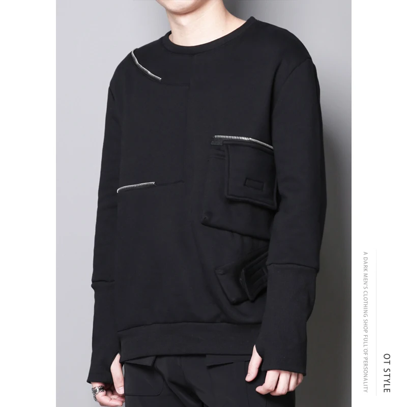 

Dark black irregular machine-fitted Zippers stitching cashmere loose round-necked long-sleeve t-shirt men's undershirt