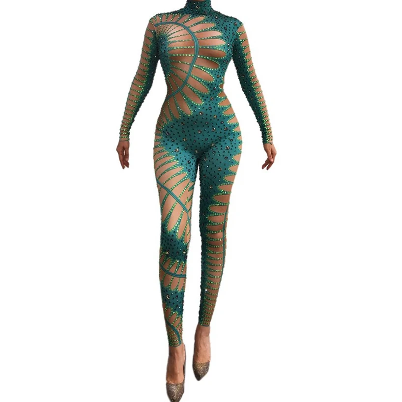 Rhinestones Green Nude Jumpsuit Sexy Stretch Dance Bodysuit party girl singer stage show wear