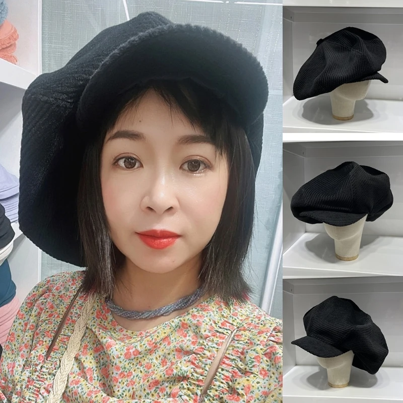 56-58cm Retro Corduroy Beret Vintage Artist Hat Beret Cool Handsome Painter Hat Beret Warm Octagonal Hat Peaked Hat