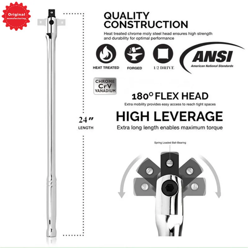 1/2 3/4 3/8 Inch CRV Drive Premium Adjustable Breaker Bar Repair Tools,180 Flex Head 15” Length Steel Torque Socket Wrenches