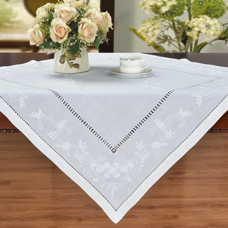 [874Camellia Casa]Elegant,Chamomile Hemstitch Tablecloth,Special Treated Polyester,LinenLook Washable,Whiht, Square/Oblong/Round
