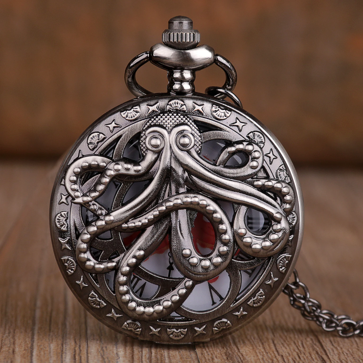 Antiek Brons Zwart Octopus Hollow Cover Quartz Zakhorloge Ketting Hanger Fob Klok Souvenir Geschenken Voor Mannen Wome