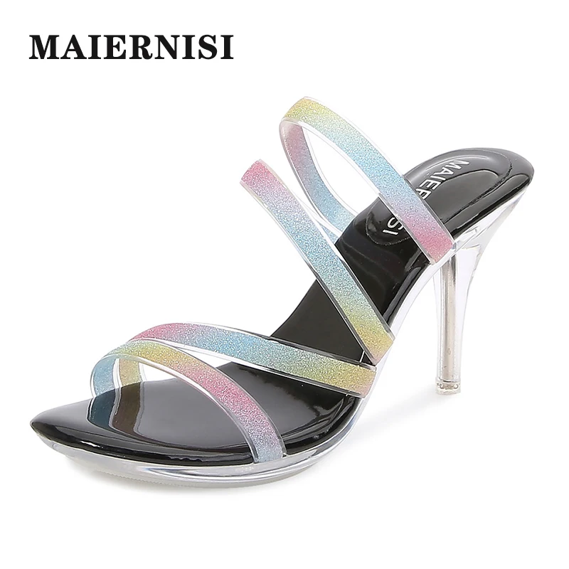 MAIERNISI Women's Shoes 2020 Summer New Slippers Women Transparent Crystal Heel Non-slip Slides Female Thin Heel 8cm High Heels