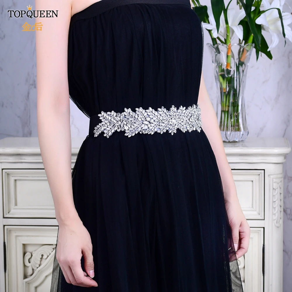 Topqueen S420-B Mode Strass Riemen Voor Vrouwen Elastische Zwarte Taille Riemen Dames Handgemaakte String Kristal Kralen Elastische Riem