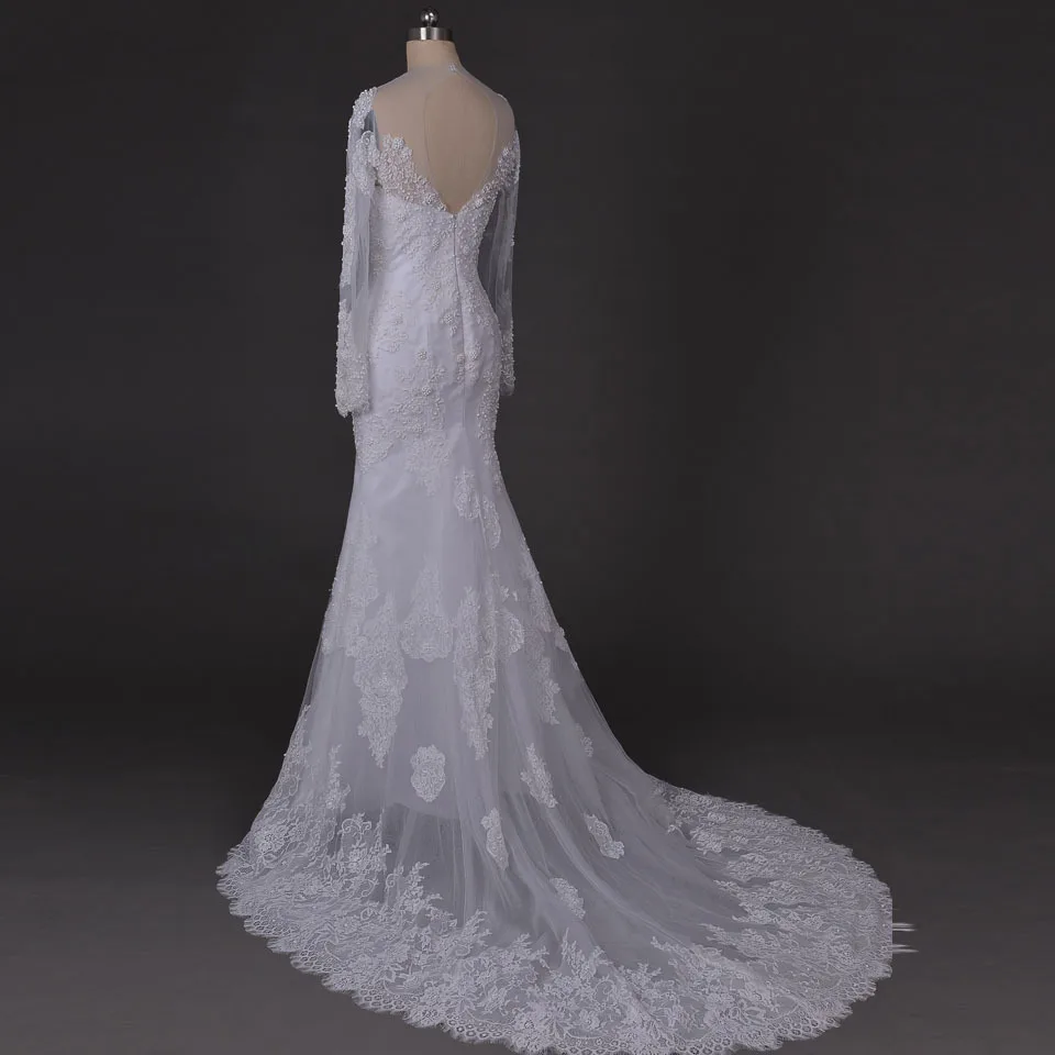 Romantico Sexy vedere attraverso Scoop maniche lunghe cappella treno pizzo abito da sposa sirena abiti da sposa Vestido De Novia 2019 MF-10