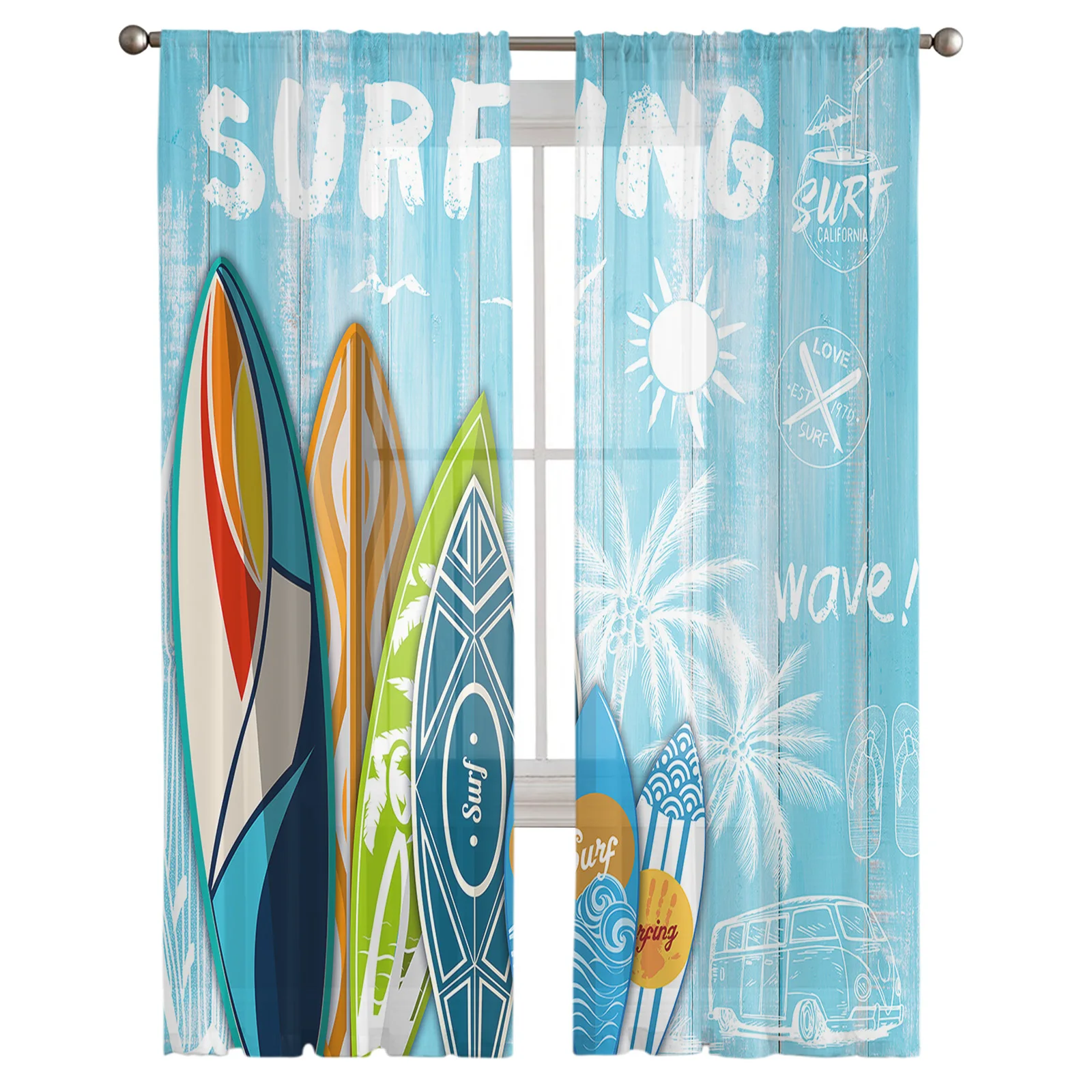 Surfing Summer Style Palm Tree Wood Board Voile Tulle Sheer Curtains for Bedroom Living Room Kitchen Decor Window Curtain